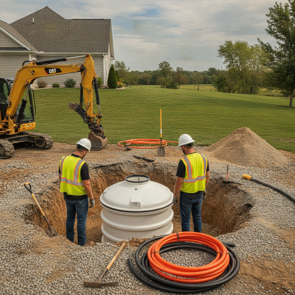 Create a realistic, professional service-business photograph showing Septic Installation from behind, with the backs of their heads visible. Do not show any faces, facial features, front-facing views or side views, profiles, or identifiable