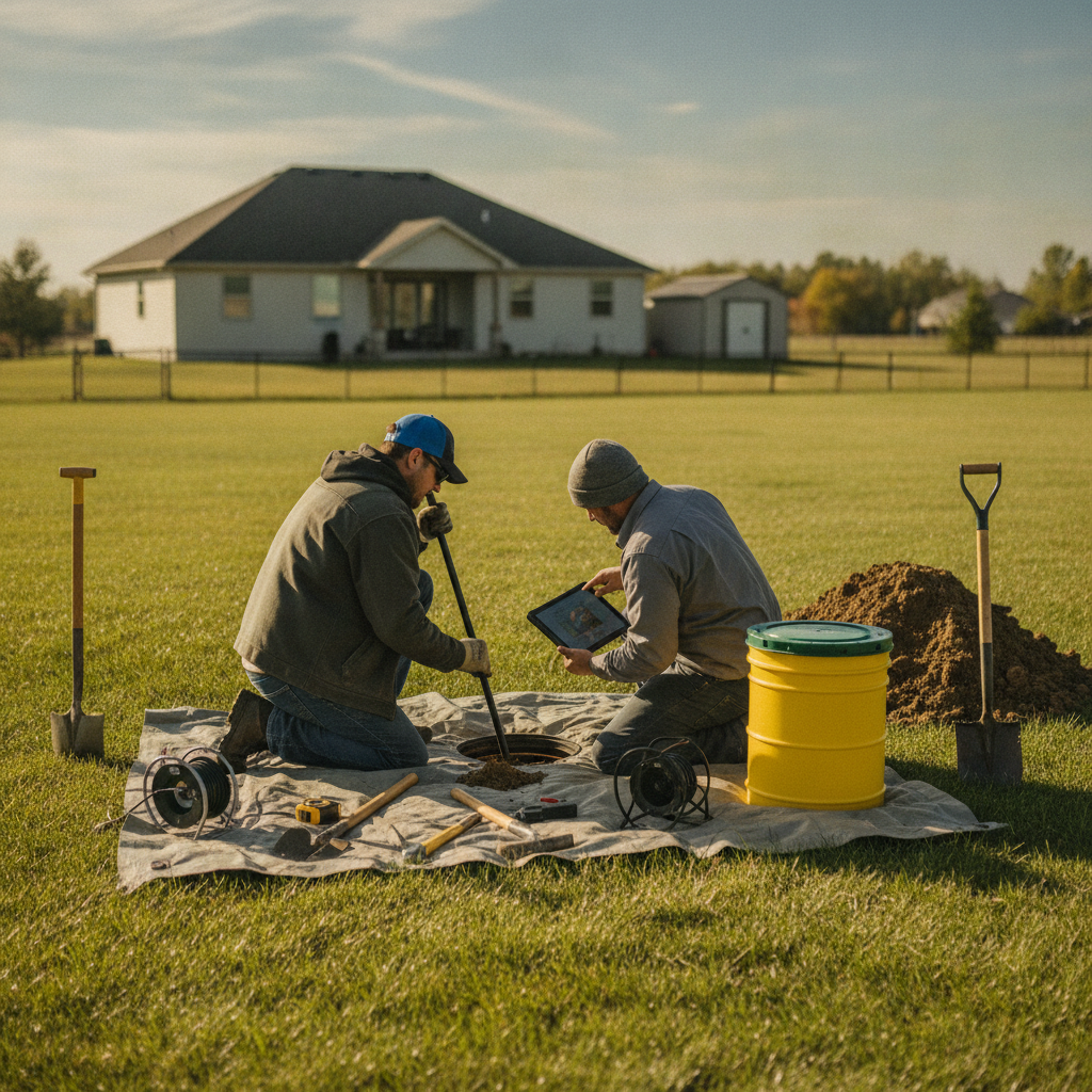 Create a realistic, professional service-business photograph showing Septic System Inspection from behind, with the backs of their heads visible. Do not show any faces, facial features, front-facing views or side views, profiles, or identif